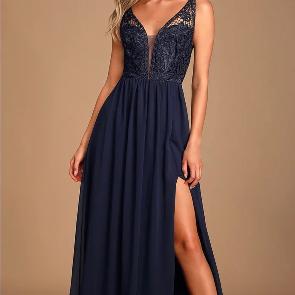 Lulus Melvina Navy Blue Lace Chiffon Maxi Dress